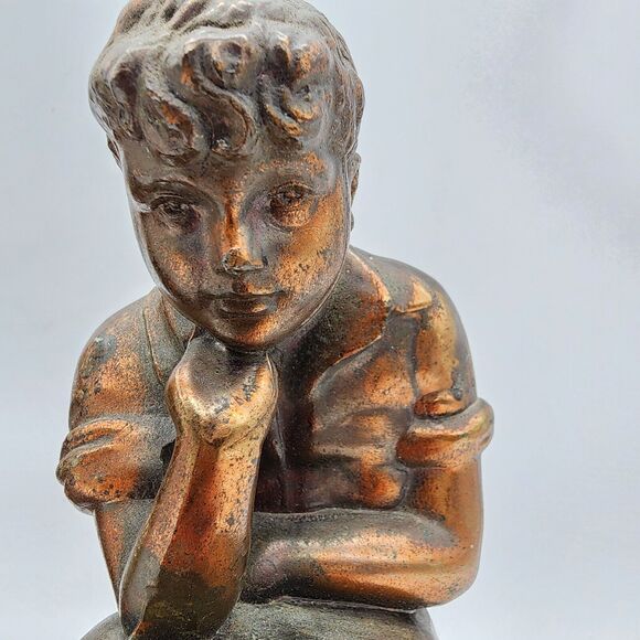 Pair of Antique Bookends Boy Reading Cast Metal Bronze Finish Office Decor MCM - Picture 8 of 15